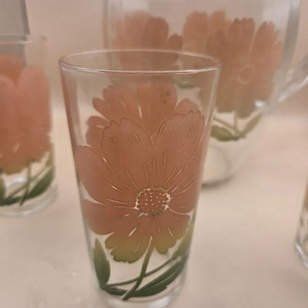 Clear Glass 1 Qt Pitcher & 3 Tumblers 4pc Set Orange Green Floral MCM Decor